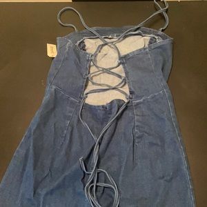 Denim Dress with Slit and Open Criss Cross Back in Holly Blue